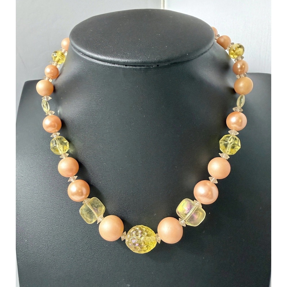 Vintage Beaded Necklace Japan Peach Yellow Glass Acrylic